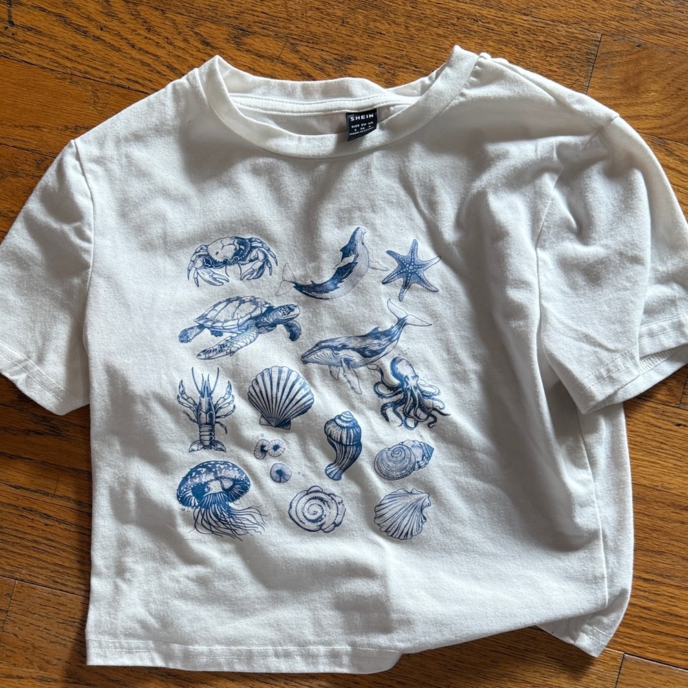 SHEIN Sea Life Tee in White and Blue